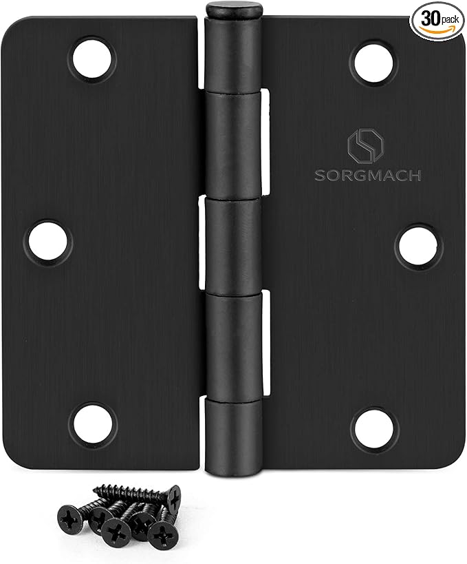 Door Hinges 3 1/2 Inch Matte Black 3.5 Inch Interior Hinges 1/4" Radius Iron Hinge 3 ½"x 3 ½" Door Hardware - 30 Pack