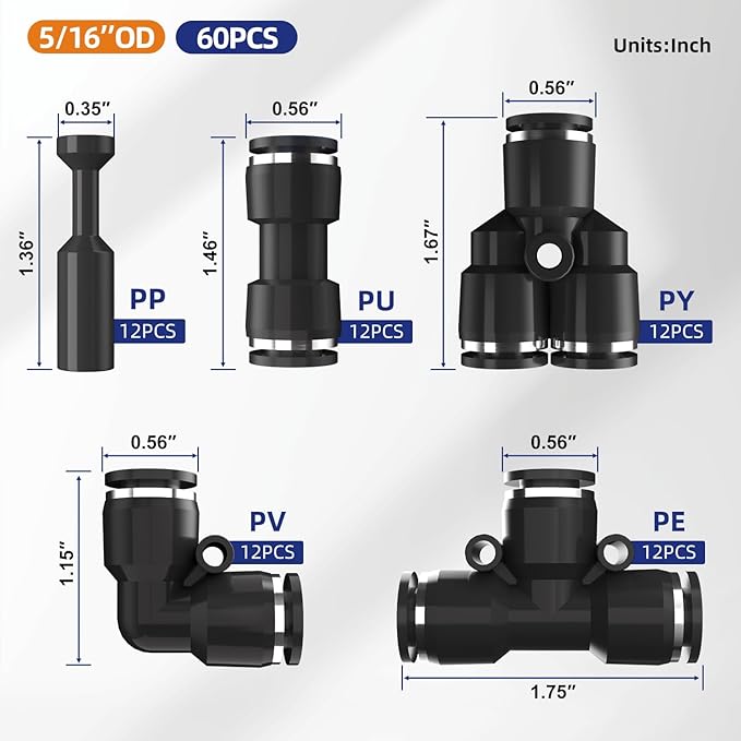 60pcs 5/16" OD 8mm Push to Connect Fittings, 5/16 inch OD Dot Air Line Fittings Pneumatic Air Hose Tubing Quick Connects Kit (Tee, Straights, Elbow, Splitters,Plugs)