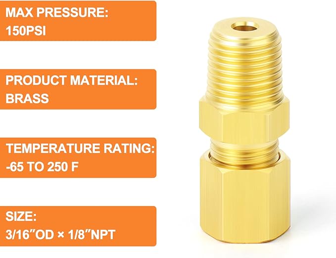 GASHER 10PCS Brass Compression Tube Pipe Fitting Connector, 3/16" Tube OD x 1/8" NPT Male Connector