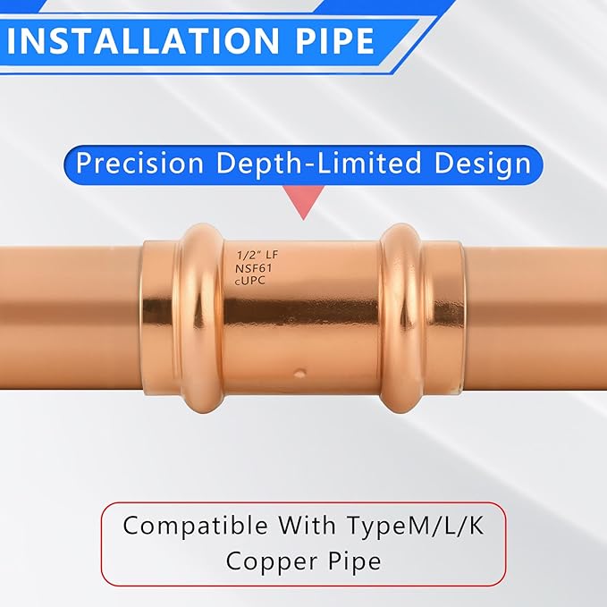 Copper Press Fittings 1/2 Inch Coupling with Stop, No-Lead Plumbing Pipe Connector | Compatible with Copper Pipes, Water Supply & Hydronic Heating Systems | Durable Press Fit Design,5-Pack