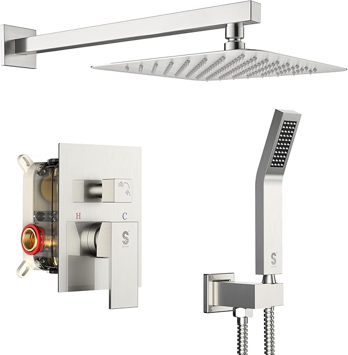 SR SUN RISE Shower Faucet Set Bathroom Square Rain Shower Head with Handheld Spray Wall Mounted Rainfall Shower Fixtures Brushed Nickel Shower Faucet Trim Repair Kits (Contain Shower Valve)10 Inches