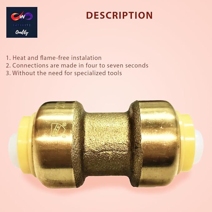 Fittings 1/2 Inch Pushfit Straight Coupling - 1/2" x 1/2" PEX Brass Push-fit Coupling - Push-to-Connect Plumbing Fittings for PEX Copper CPVC (Pack of 5)