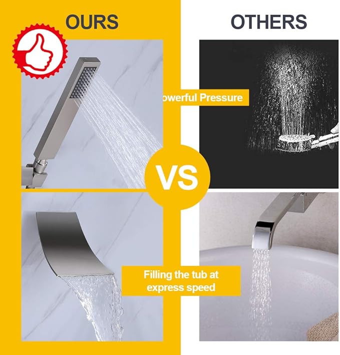 Wall Mount Bathtub Faucet with Handheld Shower, Brushed Nickel Single Handle Bathroom Waterfall Tub Filler Solid Brass Tub Shower Faucet Set Rough-in Valve Trim Kit