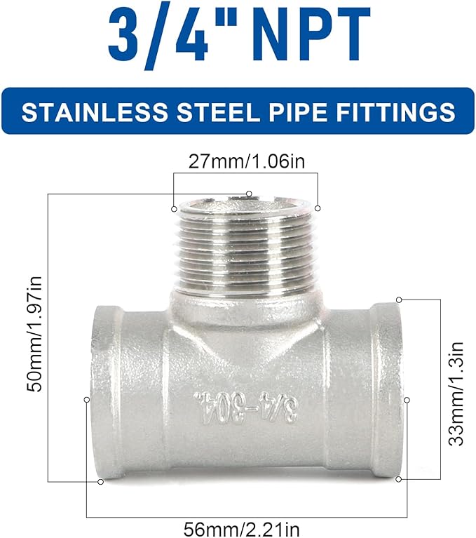 Kodilin Pipe Fittings 304 Stainless Steel Tee Pipe Fittings, 3/4" NPT Female x 3/4" NPT Male x 3/4" NPT Female Pipe Fittings, Male Branch Tee - 4PCS