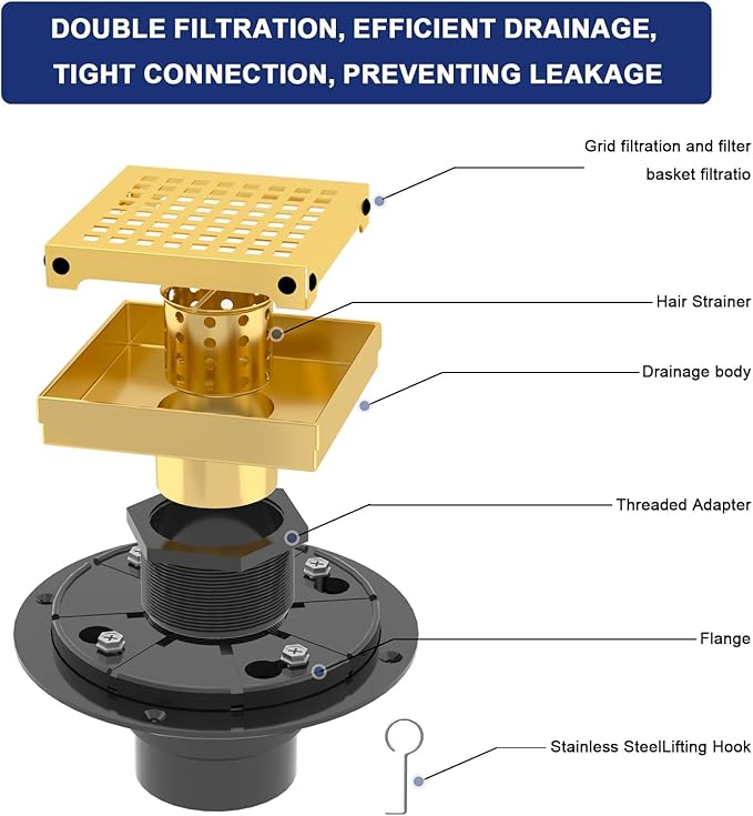 4 Inch Square Shower Drain | Brushed Gold Shower Drain with Flange, Hair Strainer & Removable Grid Cover, AISI 304 Stainless Steel Shower Floor Drain, in Bathroom, Kitchen, Balcony etc