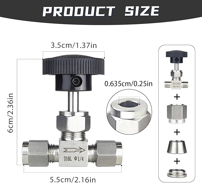 1 Piece1/4NeedleValve，O.D.1/4Inch，Flow Control Valve,for Connecting0.635cm Stainless SteelTubing, Copper, RigidPlastic Tubing, Used to Control Water, Gas and Oil. Stainless Steel 304.