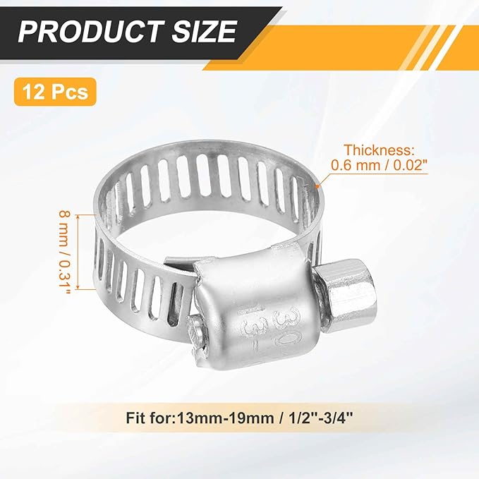 HARFINGTON 12 Pcs Hose Clamp 1/2"-3/4" (13-19mm) 304 Stainless Steel Adjustable Worm Gear Hose Clamp with Phillips Screw Assortment Kit for Fuel Line Pipe Plumbing Automotive Tube