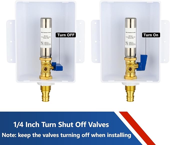 Ice Maker Outlet Box with Stainless Steel Water Hammer Arrestor,1/2 Inch PEX-A Expansion Inlet and 1/4 Inch OD Compression Outlet Connection, Icemaker Box with Installed 1/4-Turn Ball Valve