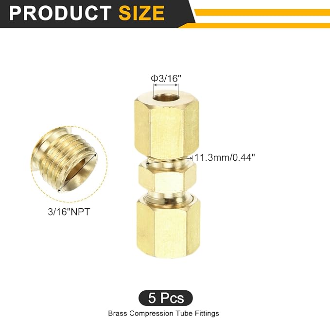uxcell 10Pcs Brass Compression Tube Fitting, 3/16" Tube OD x 3/16" Tube OD Connector Straight Coupling Adapter Union Fittings