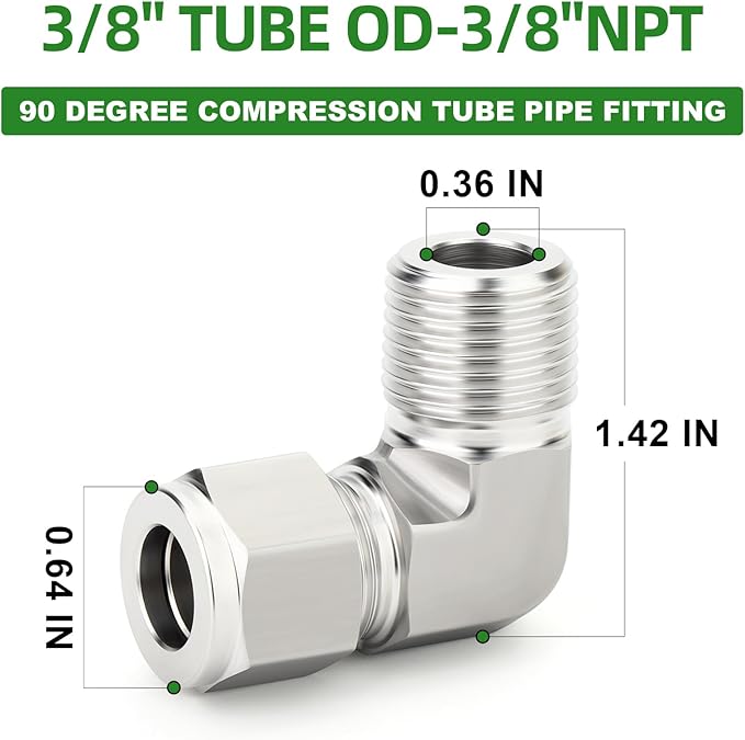 TAISHER 1PCS 316 Stainless Steel 90 Degree Compression Tube Pipe Fitting Connector, 3/8" Tube OD x 3/8" NPT Male Adapter