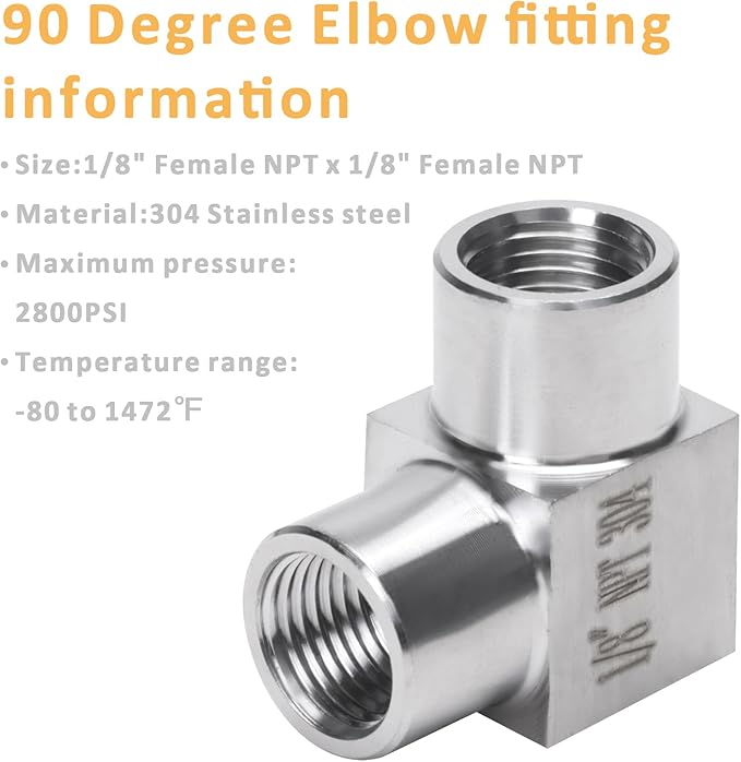 90 Degree Street Elbow - 1/8" NPT Female to 1/8" NPT Female Stainless Steel 304 Heavy Duty Forged Square Barstock Street Elbow Adapter Pipe Fitting (pack of 2)