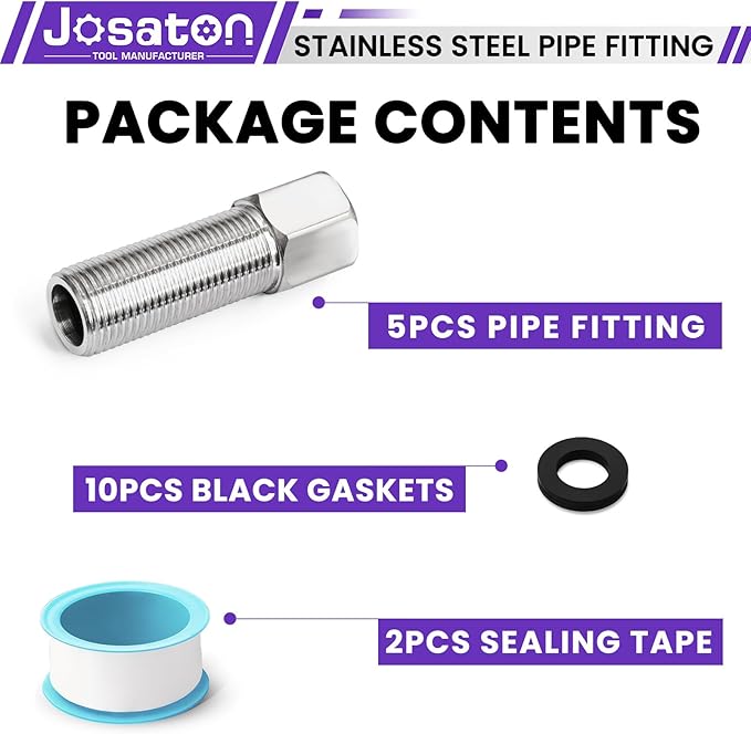 5-Pack Stainless Steel Extension Pipe Fitting, Josaton 1/2" Female to 1/2" Male Pipe Extension Fittings Connector for Tub Spout/Shower, Hex Bushing Converter Adapter, 30MM/40MM/50MM/70MM/100MM Length