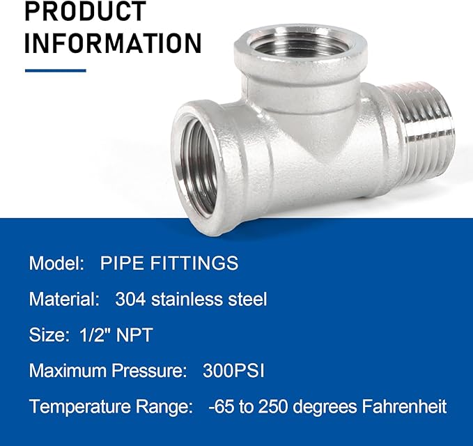Kodilin Pipe Fittings 304 Stainless Steel Tee Pipe Fittings, Male Run Tee 1/2" NPT Female x 1/2" NPT Female x 1/2" NPT Male Thread Adapter - 4PCS