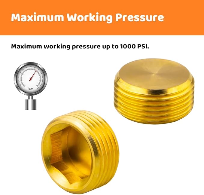(2-Piece) Besosay 3/4" NPT Brass Pipe Plug Fitting, Counter Sunk Thread Internal Hex Head Style Male for Closing the End of Pipe