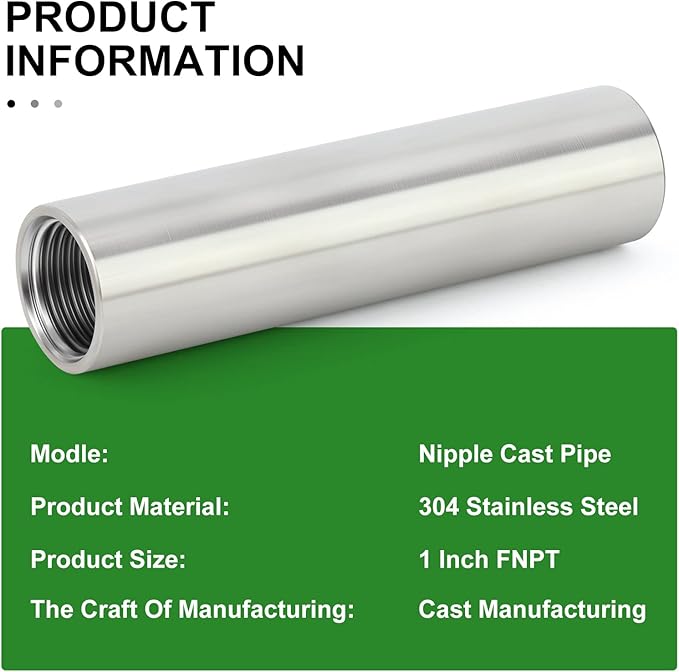 TAISHER 2PCS Stainless Steel Pipe Fittings, 1" NPT x 1" NPT Female Threaded, 4" Length Nipple Cast Pipe