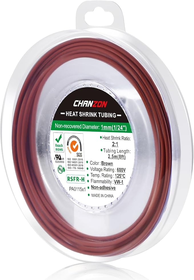 Chanzon 2:1 Ratio 1/24" (1mm) Heat Shrink Tubing 8Ft Roll (2.5M Total Length) Brown Polyolefin Sleeving Wrap Shrinking 2 to 1 1pcs