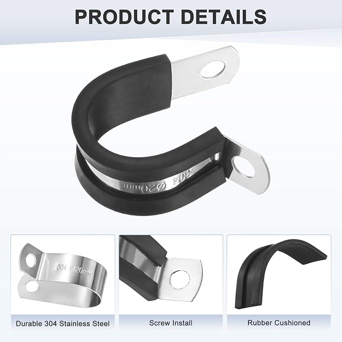 25-Pack Cable Clamps, 25/32 inch/ 20 mm 304 Stainless Steel Rubber Cushioned Insulated Cable Clamp R Shape Metal Holder for Tube/Wire/Pipe/Loop Installation