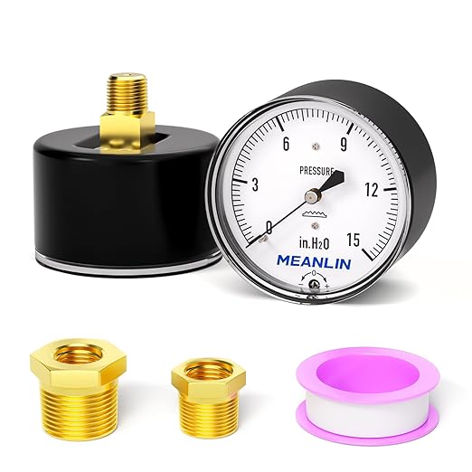 MEANLIN MEASURE 0-15 in H2O Diaphragm Type Capsule Low Pressure Gauge 1/4" NPT 2-1/4" FACE DIAL Adjustable Water Column Gauge, with 1/4" x 1/2" NPT and 1/4" x 3/8" NPT Hex Bushing, Back Mount