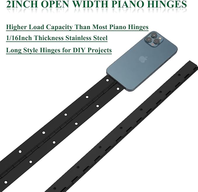 2Pack Heavy Duty Piano Hinge, 2" Open Width x 20" Continuous & Piano Hinges, 0.06” Thick Stainless Steel Piano Hinge with Holes, Black Stainless Furniture Hinges for Cabinet Door Cases Woodworking