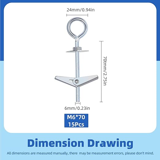 Glarks 15pcs M6 x 70mm O-Shaped Eye Bolt Toggle Anchors Set for Drywall, Ceiling, Sheetrock, Hollow Wall