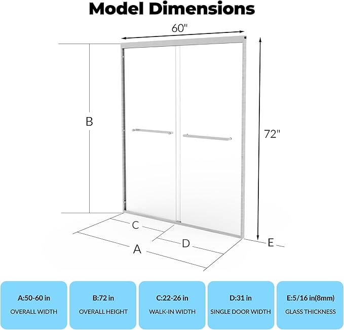 8mm Double Sliding Shower Door - 56 to 60 Inch Adjustable Width x 72 Inch Height - Space-Saving Bypass Shower Enclosure with Square Track Frame & Brushed Nickel for Modern Bathroom