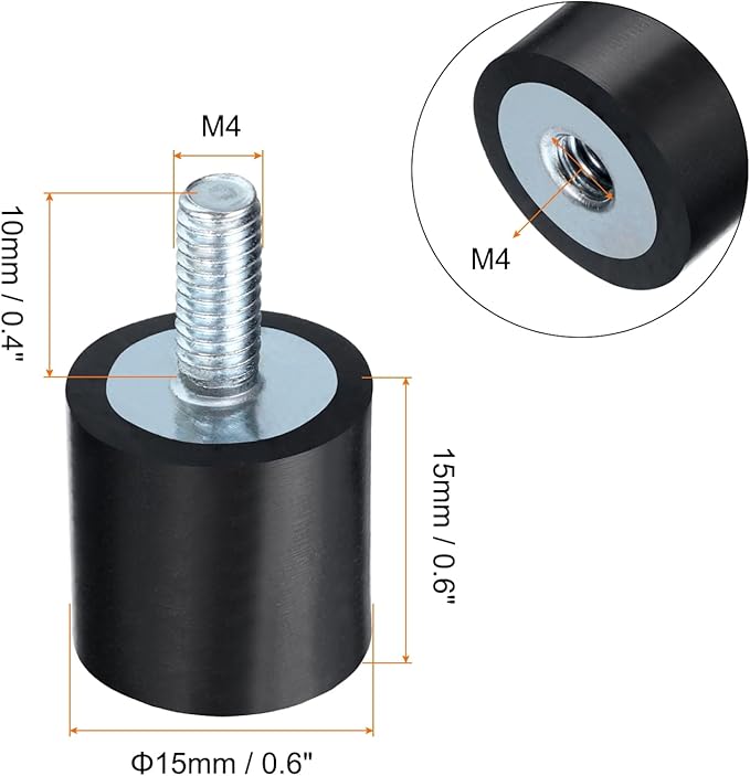 uxcell 8pcs M4x10mm Rubber Isolator Mounts with Studs 15x15mm Male Female Vibration Shock Absorber Zinc Plated Cylindrical Thread Mounts Anti Vibration Isolators with 8pcs M4 Lock Nuts