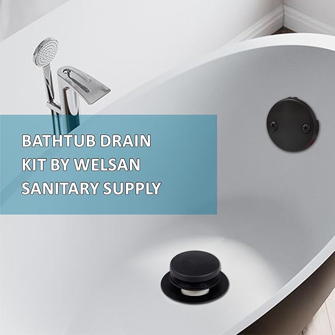 Black Tubular Tub Drain Kit with Welsan Tip-Toe Bathtub Drain Stopper, Touch-Toe Bath Plug Waste and Overflow Face Plate, 1-1/2" PVC Plastic Pipe (Matte Black)