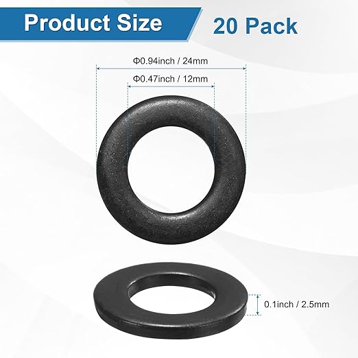 20-Pack M12 Flat Washers, Metric 24mm OD 2.5mm Thick 304 Stainless Steel Washers for Bolts Screws Nuts for Automotive/Machinery/Furniture, Flat Metal Washers [Black Galvanized]