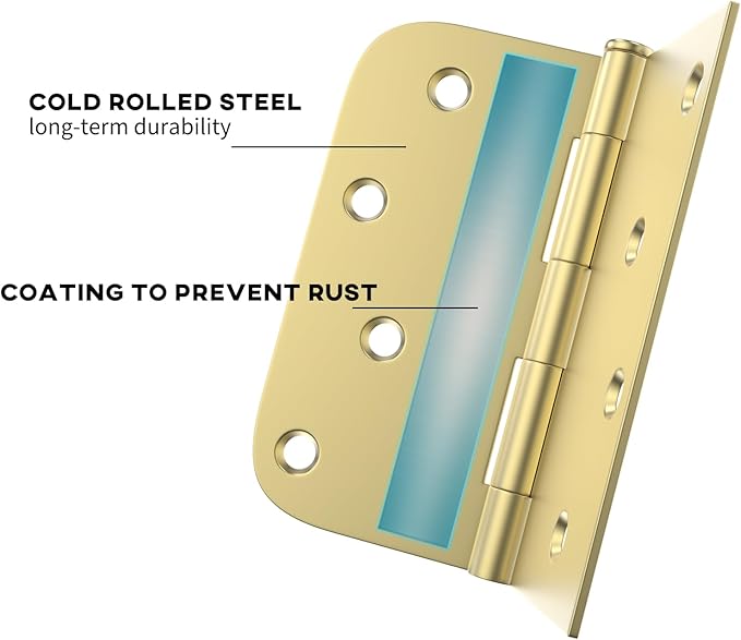 goldenwarm Pack of 6 4in Door Hinges Brushed Brass Gold Door Hinges Butt Hinges with Square & Round Corners, Interior Door Hardware