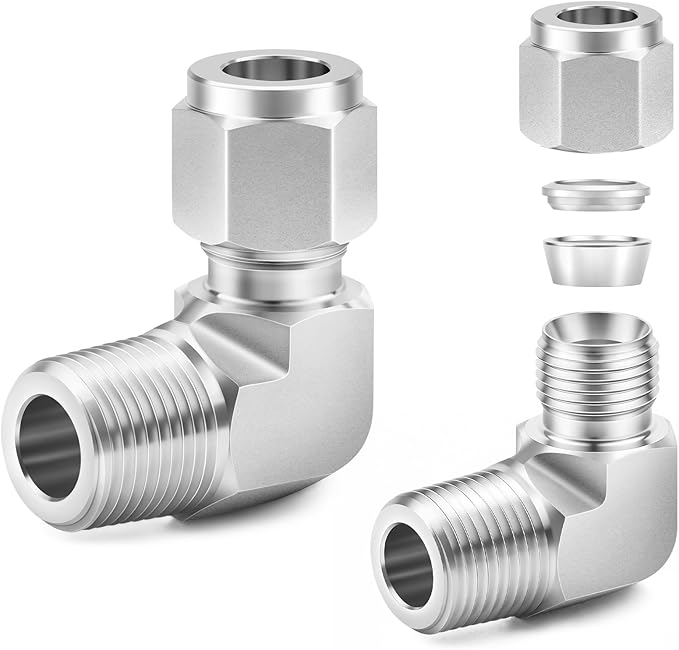ChillWaves 304 Stainless Steel Compression Tube Fitting, 1/4" OD x 1/8" NPT Male 90 Degree Elbow Compression Union Connector(2-PACK)