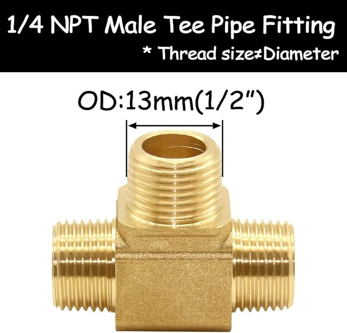2PCS 1/4 Inch Brass Tee Pipe Fitting 1/4" NPT Male x 1/4" NPT Male x 1/4" NPT Male for Water/Oil/Gas