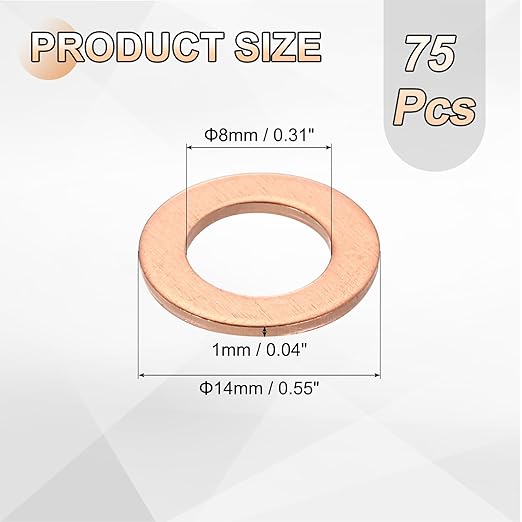 uxcell 75Pcs M8 Flat Washer Copper Washer Sealing Rings, 8mm ID 14mm OD 1mm Thickness Copper Crush Washers Metric Sealing Gasket for Plumbing Machinery Automotive