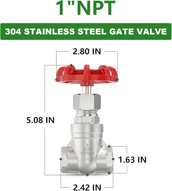 TAISHER 1PCS 304 Stainless Steel Gate Valve, 1" NPT Female Rotary Sluice Valve With Wheel Handle, For Water, Oil, Gas
