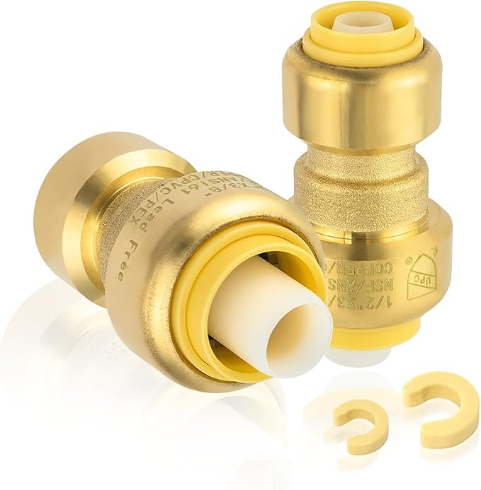 2-Pack HeSun Pushfit Coupling, 1/2"x3/8" Push to Connect Plumbing Fittings with Disconnect Clip, Brass Push-fit Fittings for PEX, Copper, CPVC, PE-RT Pipes(PF156-2)