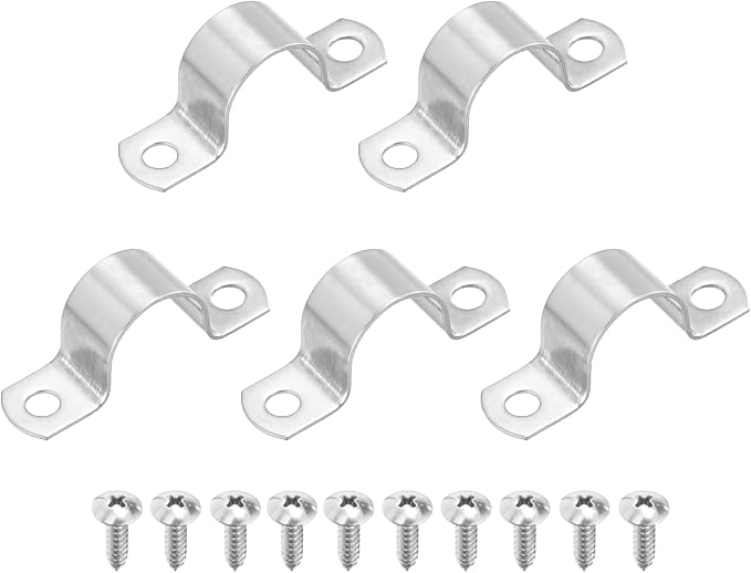 uxcell 5Pcs 25mm(1") Two Hole Rigid Pipe Strap, 304 Stainless Steel Conduit Clamp Thicken U Bracket Heavy Duty Pipe Clamp with Self-Tapping Screws for Fixing Tube Cable, Silver