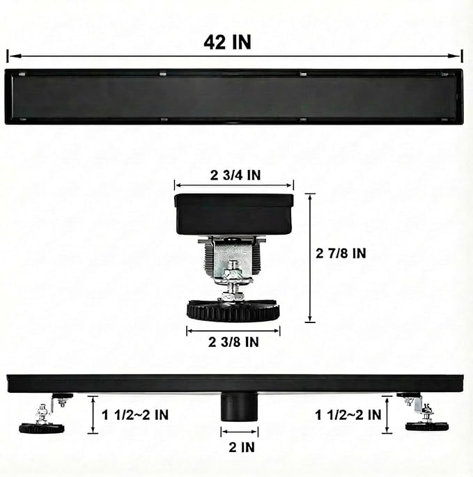 Linear Shower Floor Drain, Black 42 Inch 304 Stainless Steel Bathroom Drains Kit, Rectangular Shower Trench Drain with Reversable Tile-in Pattern Drain Cover & Hair Catcher