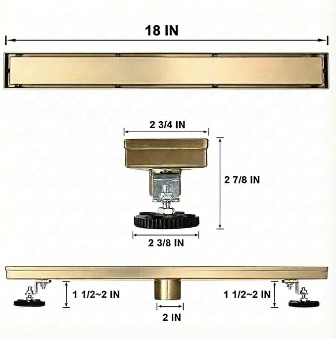 Linear Shower Floor Drain, Brushed Gold 18 Inch 304 Stainless Steel Bathroom Drains Kit, Rectangular Shower Trench Drain with Reversable Tile-in Pattern Drain Cover & Hair Catcher