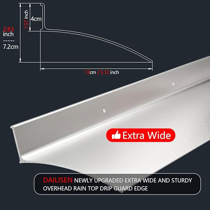 Extra Wide 5.12" W Door rain drip Guard Overhead,43.3" L Aluminum drip Cap for Exterior Doors Window Top,rain drip Edge Flashing,Water Deflector,rain Diverter,Anodized Silver 1PCS