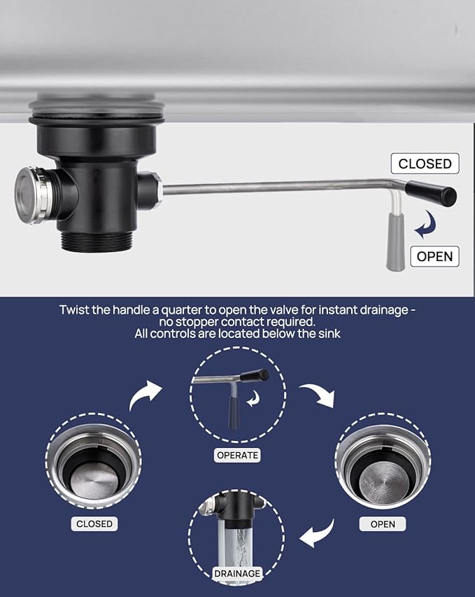Twist Handle Commercial Sink Drain for 3 Compartment Sink,Waste Drain with overflow inlet, Brass Vlave