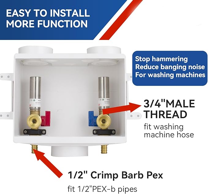 Washing Machine Outlet Box with Water Hammer Arrestor,1/2 Inch PEX F1807 Inlet Connection,3/4 Inch MHT Outlet Male Thread Connection, PEX Box with Center Drain with 1/4-Turn Ball Valve