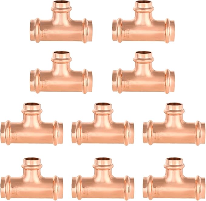 10-Pack GUOFIS Copper Press Tee,1" x 1" x 3/4" Tee Fittings for Copper Tube Connection with Stop(PRESS010-10Pack)