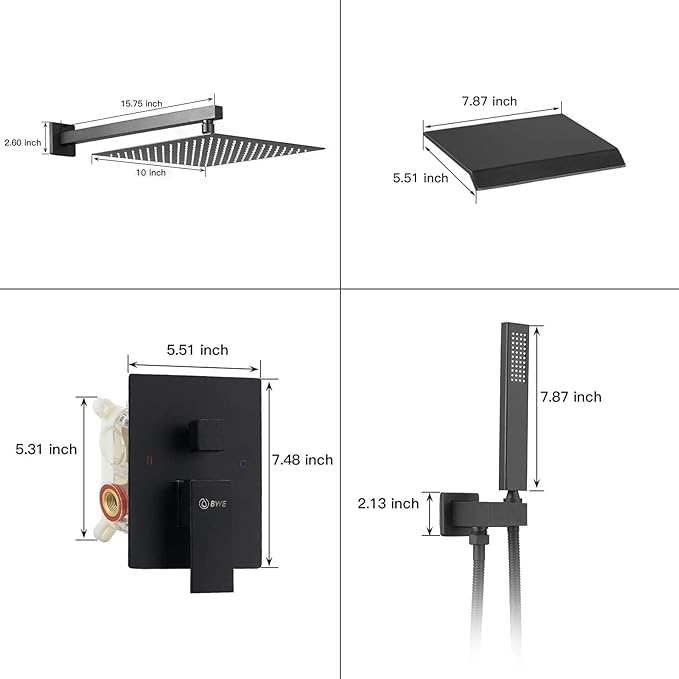 BWE 10 Inch Black Shower System Faucet Waterfall Tub Complete with Matte Spout Set Square Luxury Rain Mixer Pressure Balancing 3-Function Wall Mount Rainfall Rough-in Valve Body and Trim Included