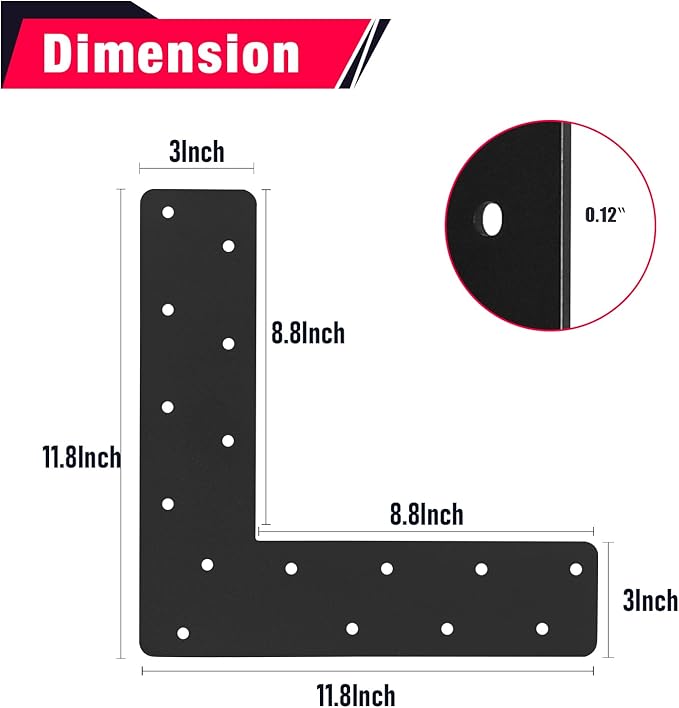 4 Pcs L Shape Flat Bracket. 12"x12" Mending Plate with Black Powder-Coated Right Angle Brackets, Corner Bracket, L Shape Plate Fit 4x4,6x6 for Repair House,Furniture,Pavilion,Truss framing