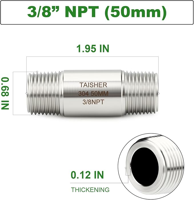 TAISHER 2PCS Stainless Steel Pipe Fittings, 3/8" NPT Male x 3/8" NPT Male Threaded, 2" Length Thickened Nipple Cast Pipe