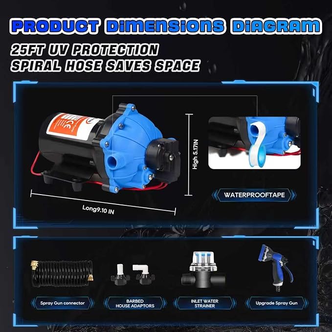 Upgrade 12V 80PSI7.5GPM RV Fresh Washdown Pump Kit Boat Washdown Pump,Five Chamber Self-Priming Diaphragm Pump with Heavy Duty Pressure Switch & Strainer for Boats, Marine, Yacht, Caravan, Camper