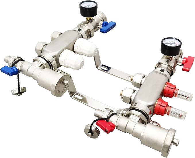2 Branch PEX Radiant Floor Heating Manifold Set, Floor Heating Water Distributor 1/2" Pipe Adapter 304 Stainless Steel and Brass, for Heating Systems