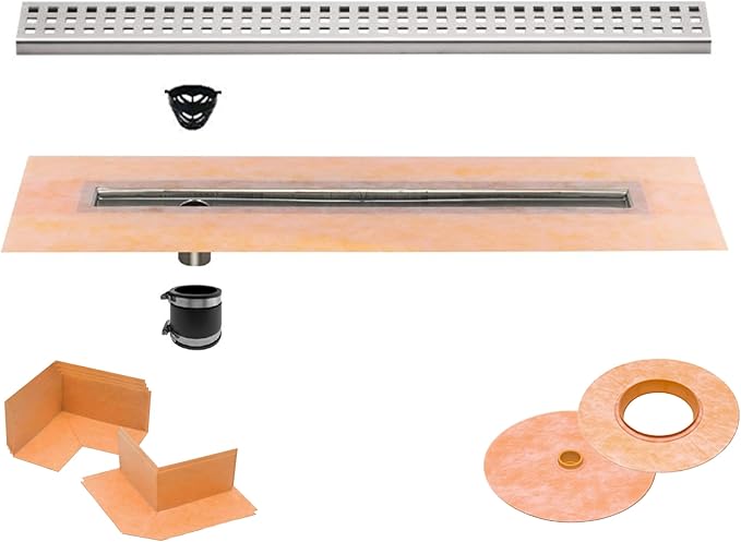 All-in-one Waterproof Linear Shower Drain Kit with 36 Inch Off-set Outlet Channel Body (KL1VO60E90) and Drain Grate Assembly (Cover) in Square Design with Brushed Stainless Steel Finish (KL1B19EB90)