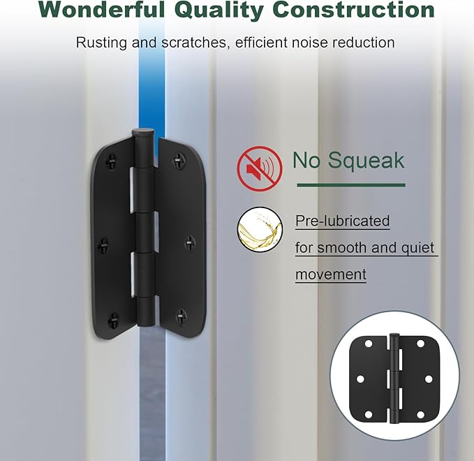 Estmoon 50 Pack 3.5 x 3.5 Inch Rounded Door Hinges Matte Black, 5/8" Radius Interior Hinges Heavy Duty Bifold Residential Hinges for Bathroom/Bedroom/Exterior/Internal Door, 6 Holes