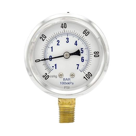 PIC Gauges PRO-201L-254CE 30-0-100 PSI Pressure Gauge, 2 1/2" Dial, 1/4" Male NPT Connection, Bottom Mount, Dual Scale, Glycerin Filled, Stainless Steel Case/Bezel, Brass Internals & Plastic Lens