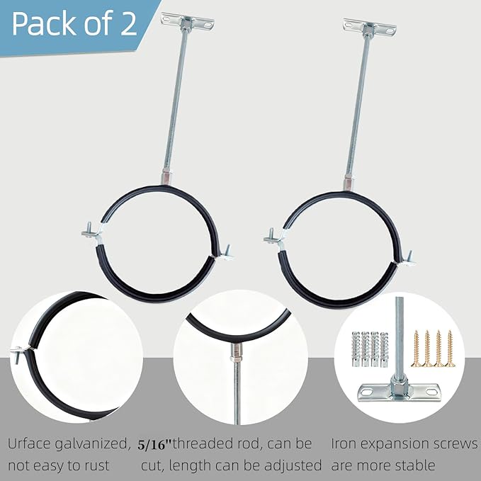 2 Sets Premium 3 Inch Adjustable Pipe Metal Bracket，Heavy Duty Galvanized Iron Stove Pipe Hanger Strap，Wall Support Chimney Round Split Ring Dryer Vent Hose Duct PVC Holder，with All Mounting Screws